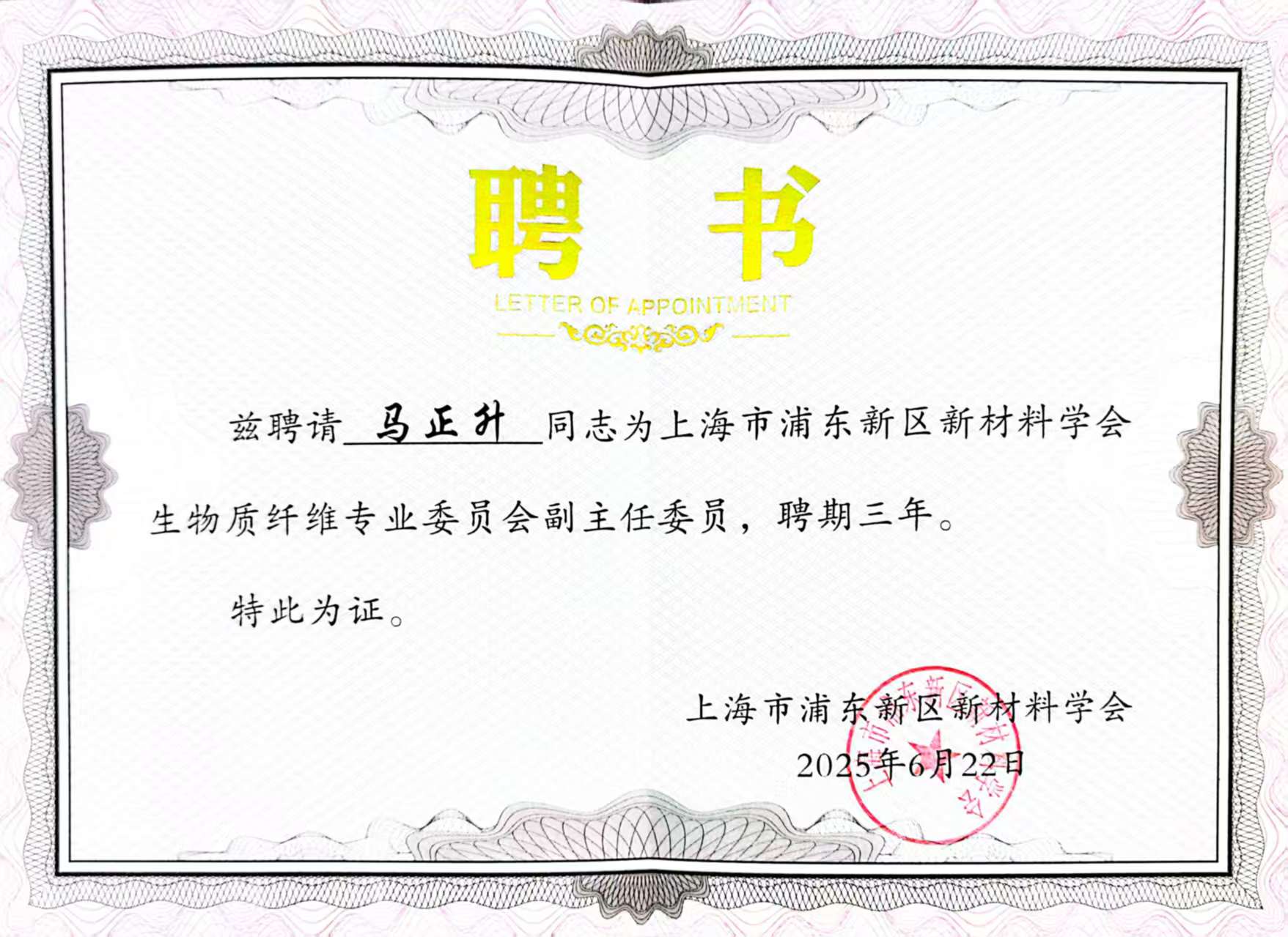 上海市浦東新區(qū)新材料學會生物質(zhì)纖維專業(yè)委員會副主任委員